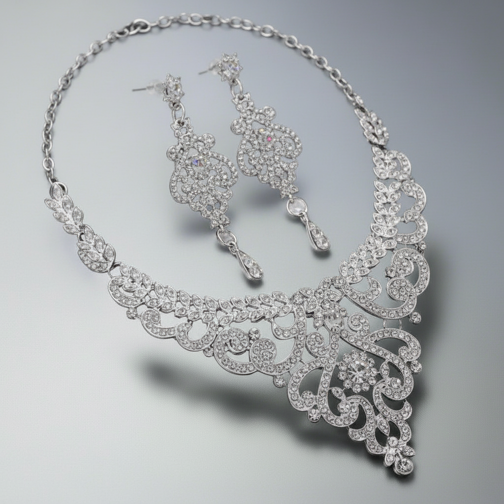 Silver necklace and earrings set on a gray background