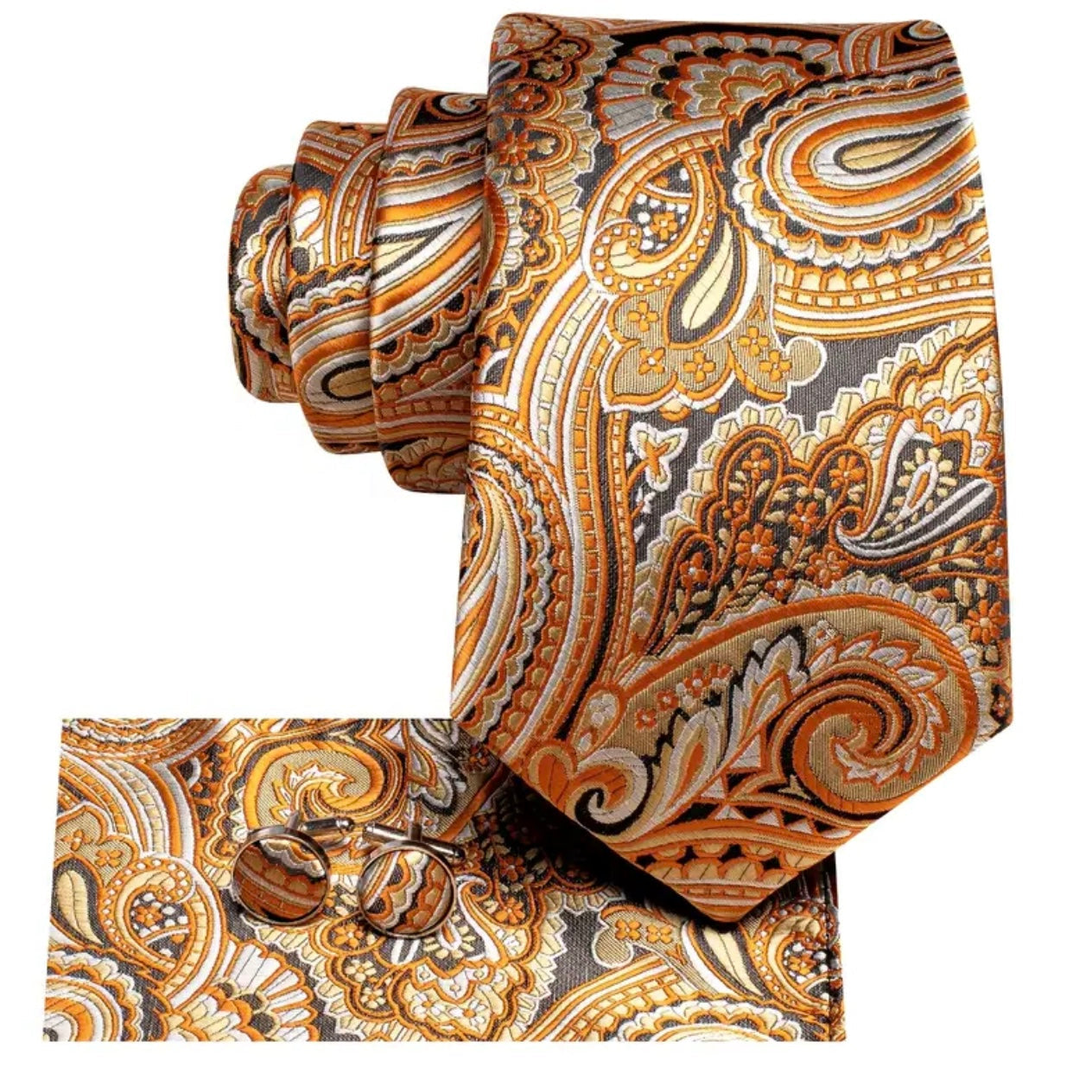 Orange Grey Paisley Necktie Set