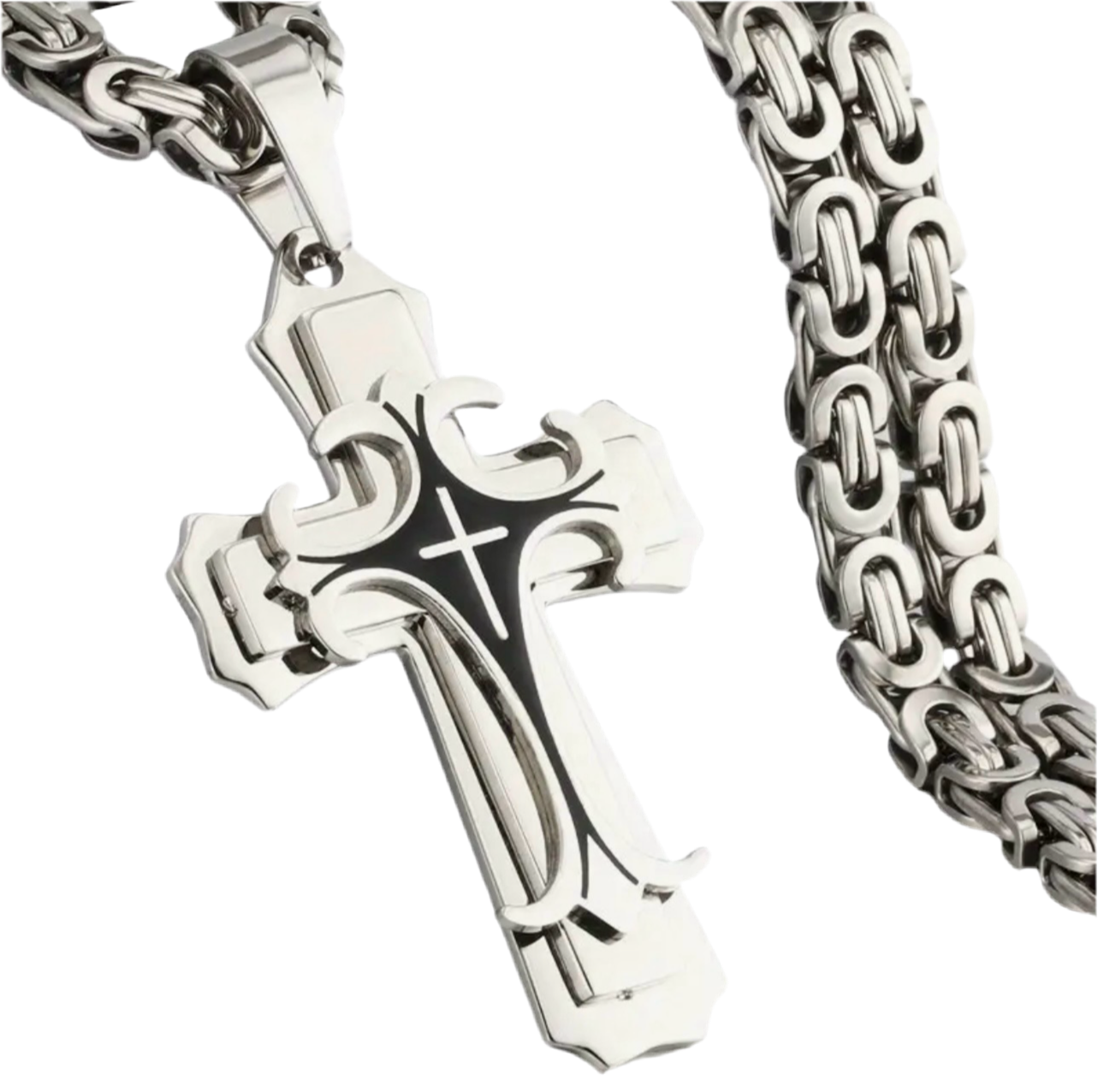 Silver Black Cross Steel Necklace