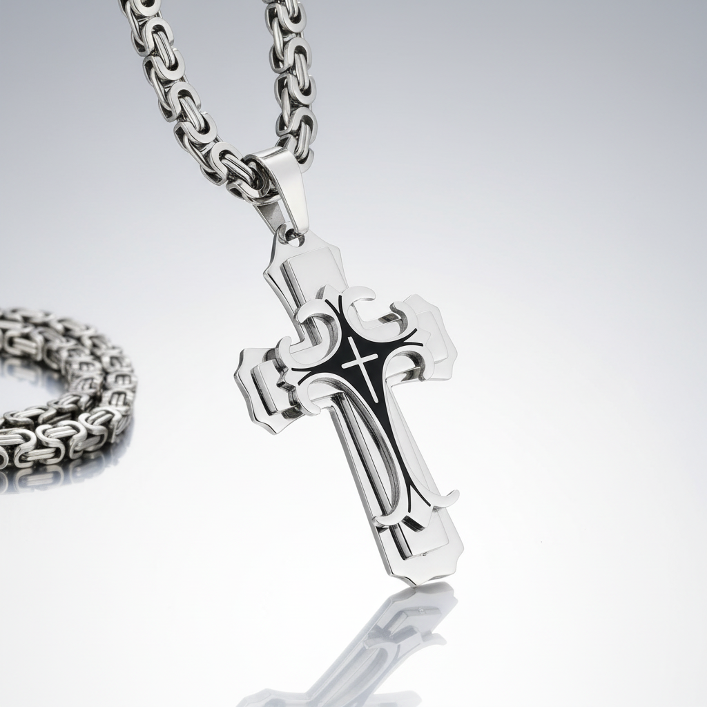 Silver Black Cross Steel Necklace