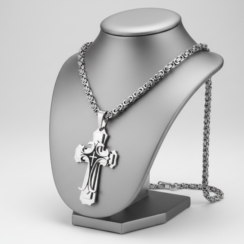 Silver Black Cross Steel Necklace