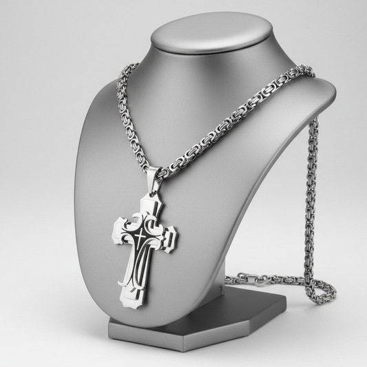 Silver Black Cross Steel Necklace