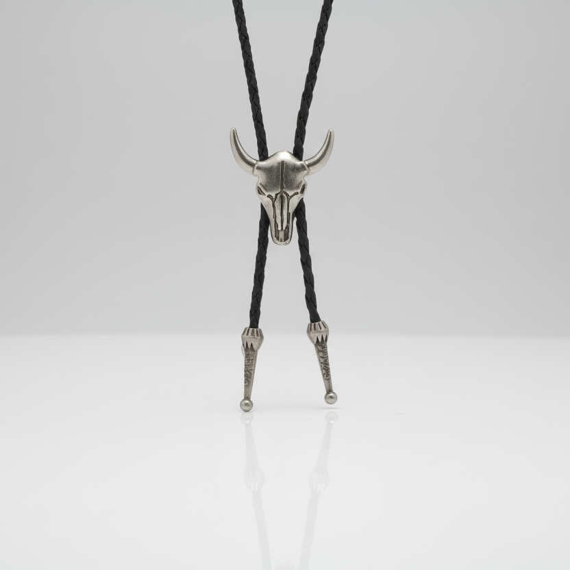 Silver bull skull bolo tie on a black cord against a light gray background