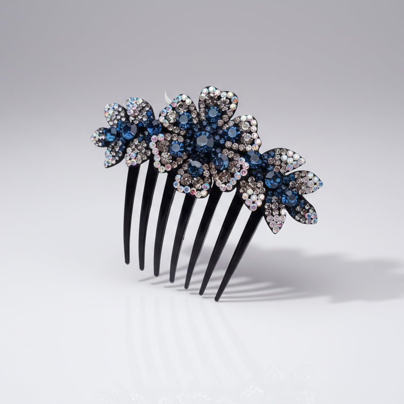 A dark blue rhinestone flower hair comb with multiple petals and a sparkle effect.