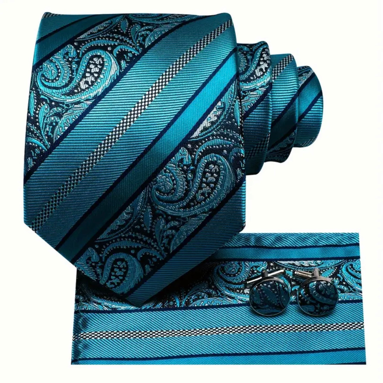 Teal Paisley Stripe Necktie Set