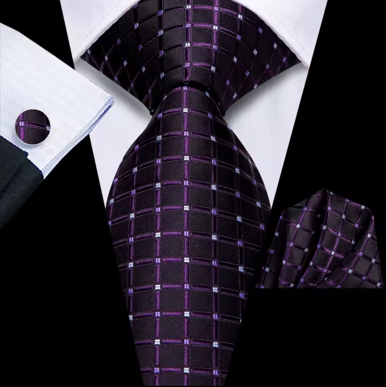 Purple Tartan Long Necktie & Bonus Accessories Set
