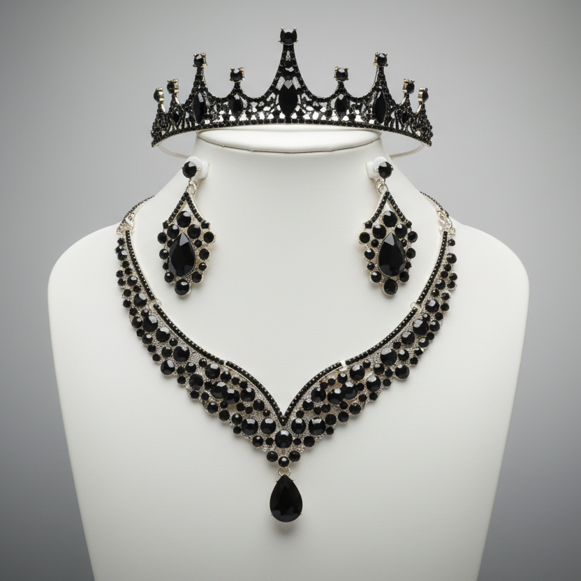 Black and gold jewelry set with necklace, earrings, and crown on a gray background