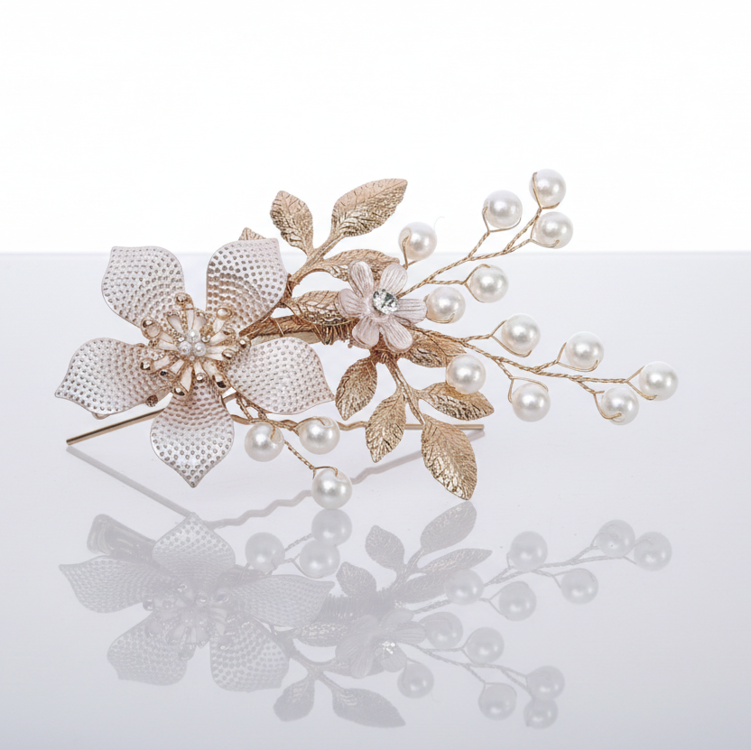 Champagne Rose Gold Pearl & Rhinestone Hair Clip