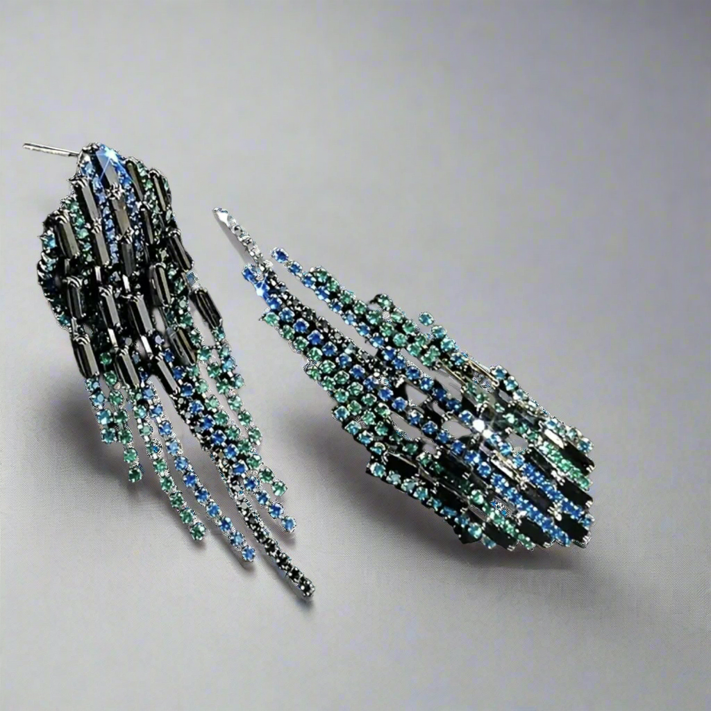 Peacock Hexagon Tassel Earrings