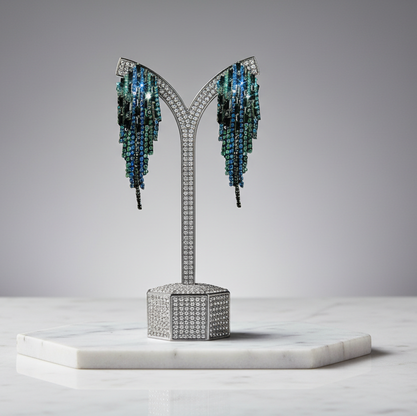 Peacock Hexagon Tassel Earrings