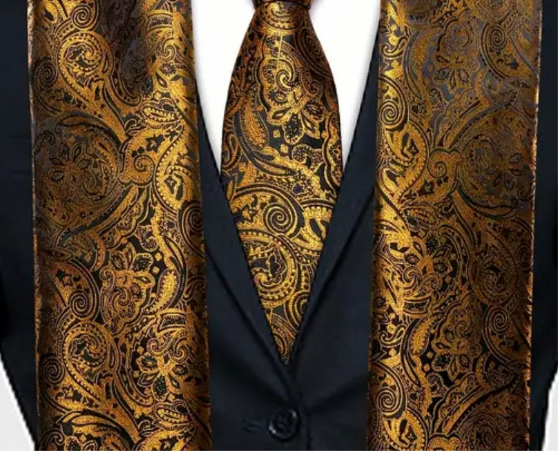 Gold Black Necktie Scarf Set