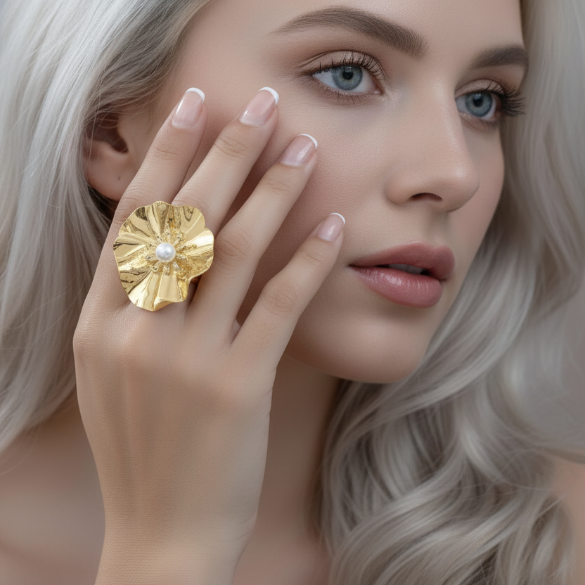 Close-up of a woman's hand wearing a gold ring with a pearl, against a neutral background.