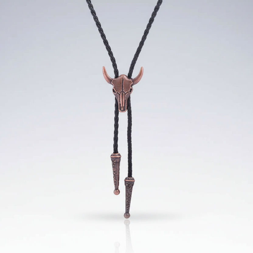 Bolo tie with bull skull design on a white background