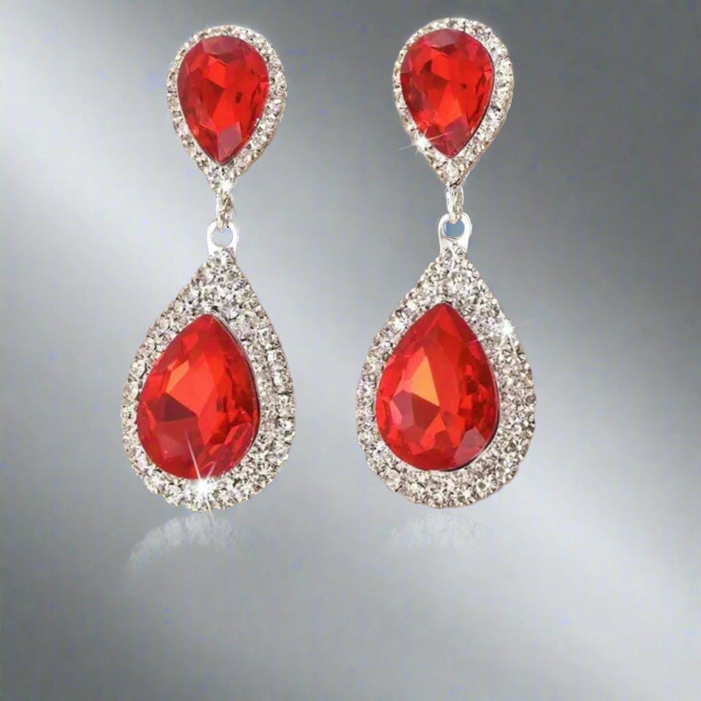 Red Clear Silver Earrings