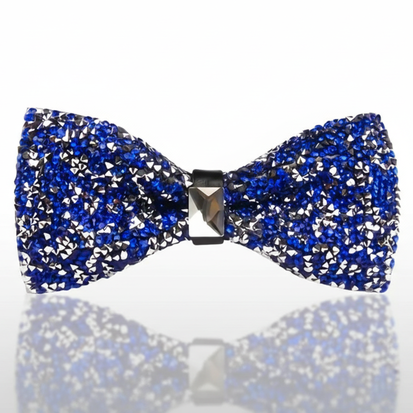 Blue and silver glittery bow tie on a white background