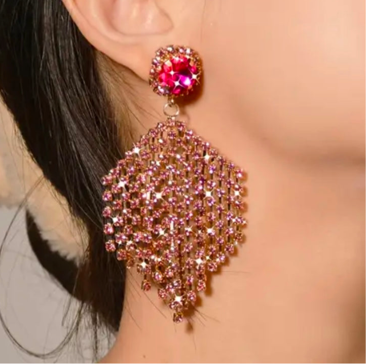 Rose Red Pink Gold Tassel Earrings