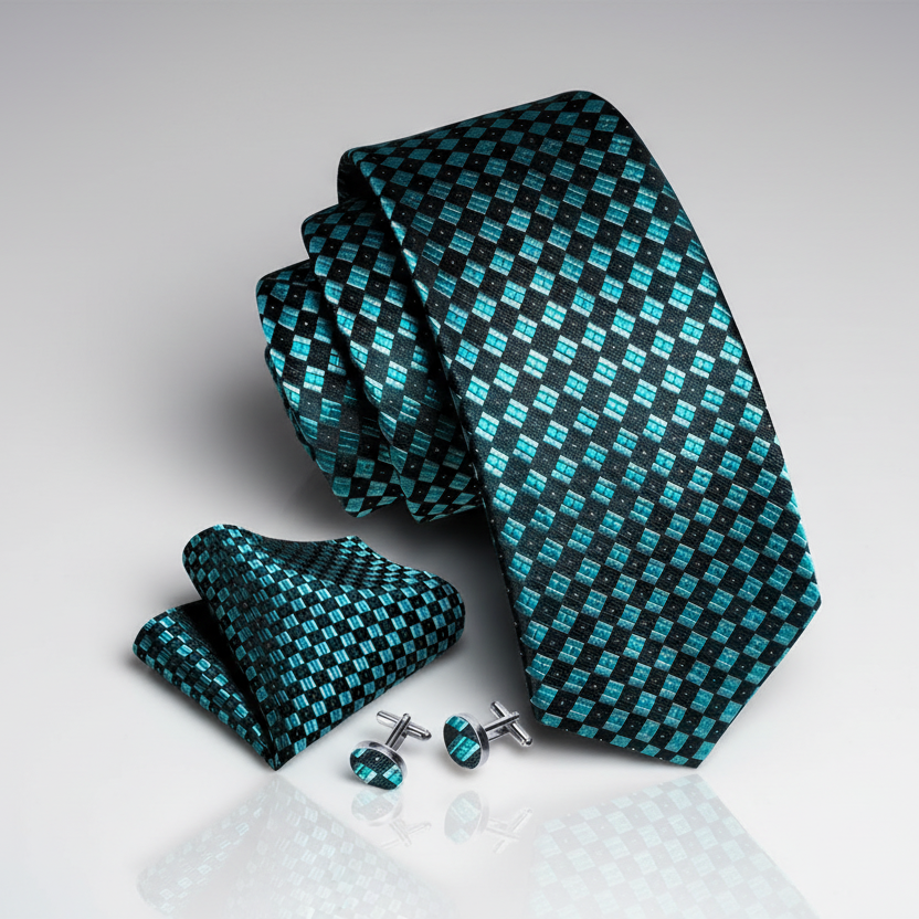 Teal Grids Necktie Set