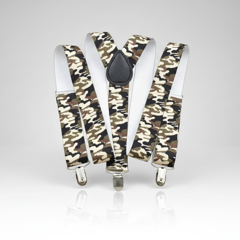 Camouflage-patterned suspenders on a light gray background