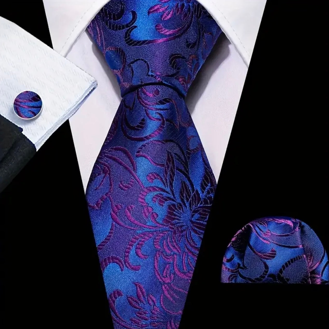 Blue Purple Floral Necktie Set