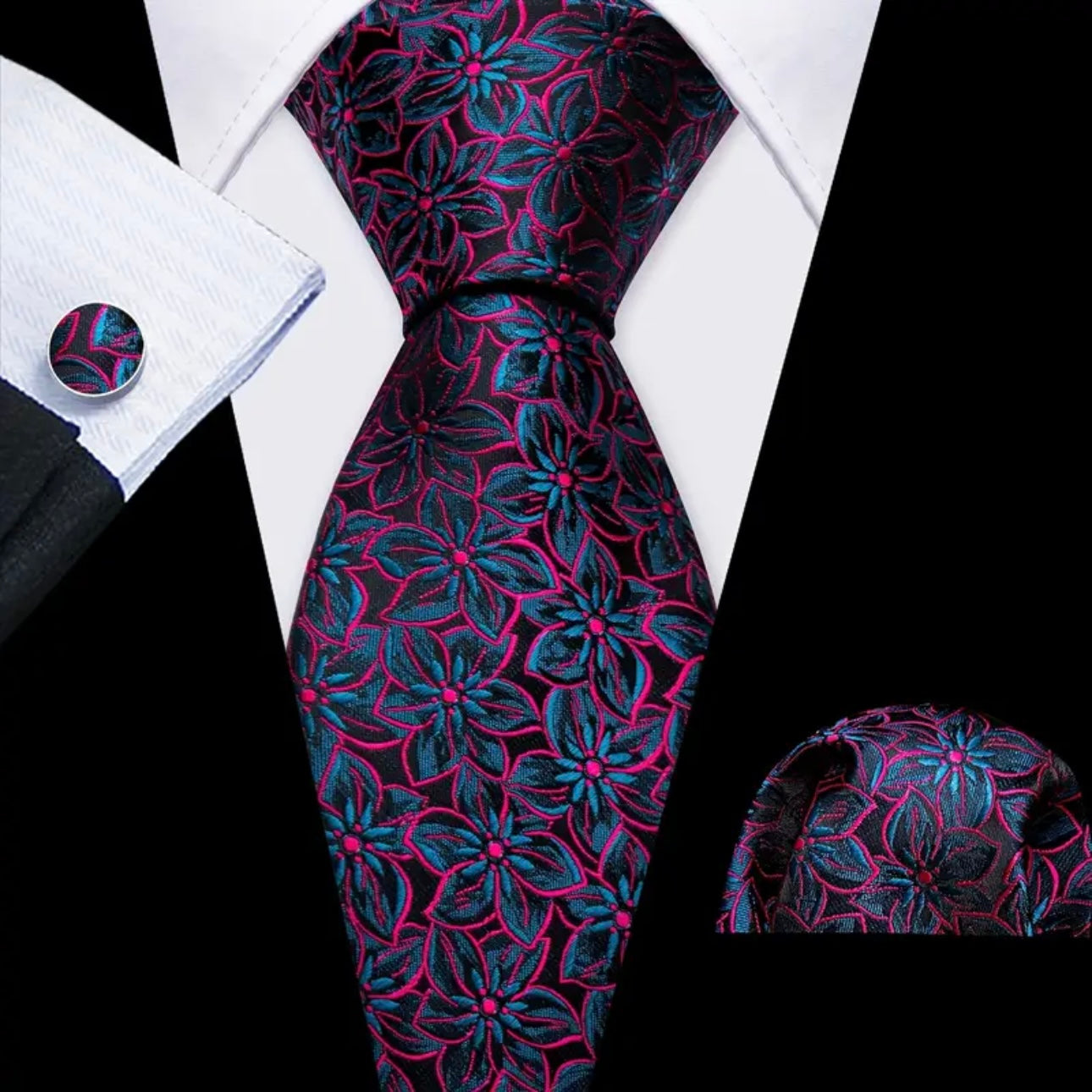 Pink Blue Floral Necktie Set