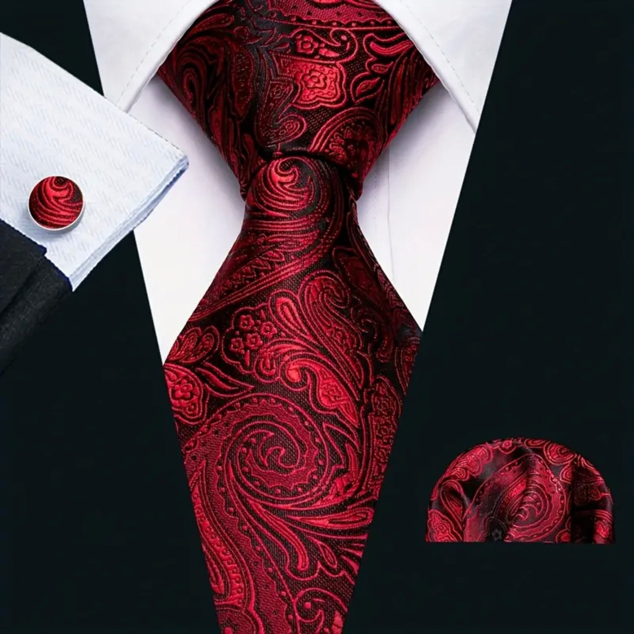 Red Black Paisley Necktie Set