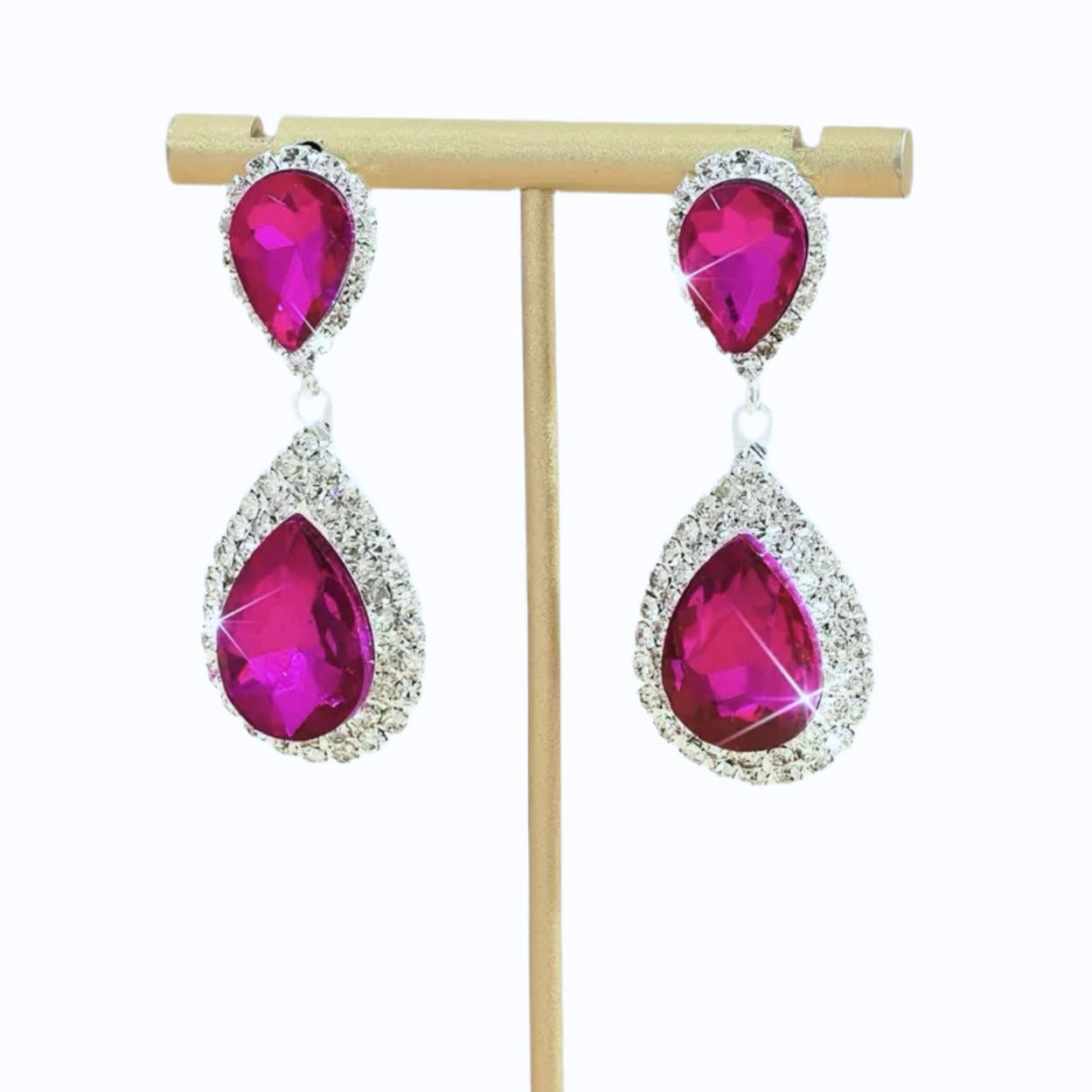 Pink Clear Silver Earrings