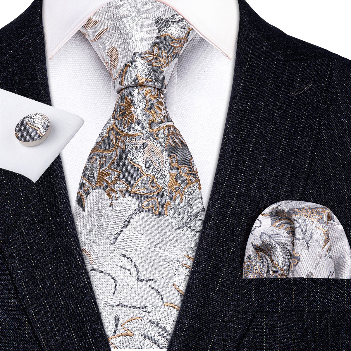 Silver Glittery Neutrals Floral Necktie Set