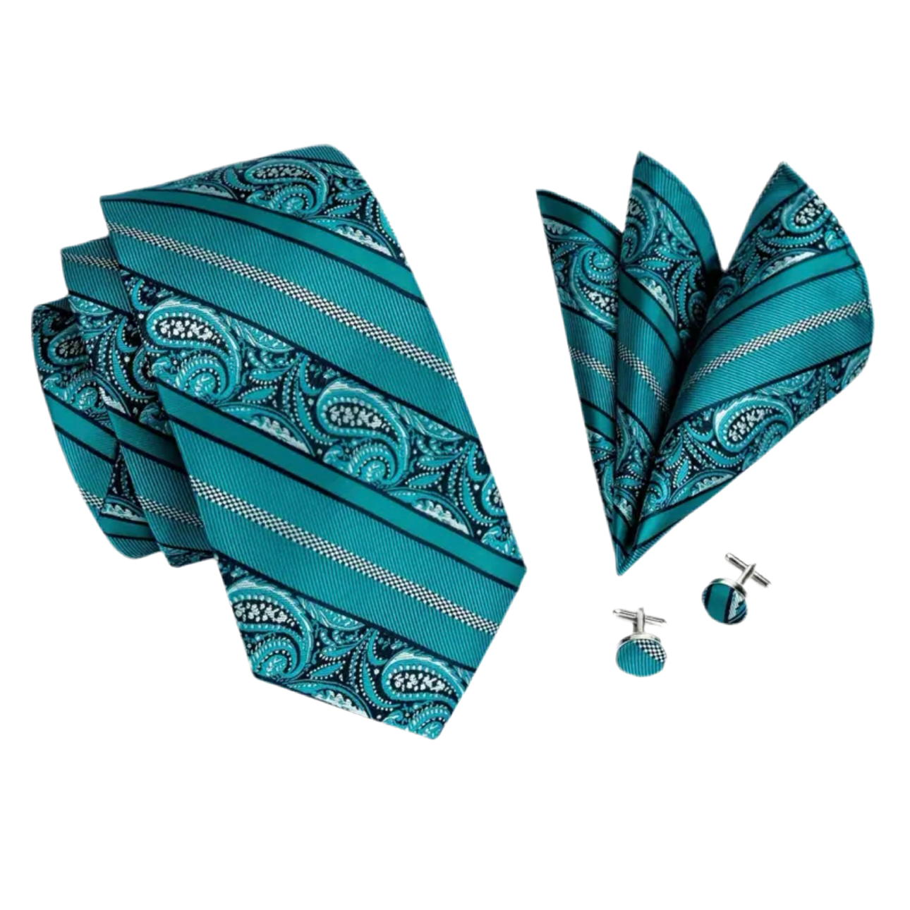 Teal Paisley Stripe Necktie Set