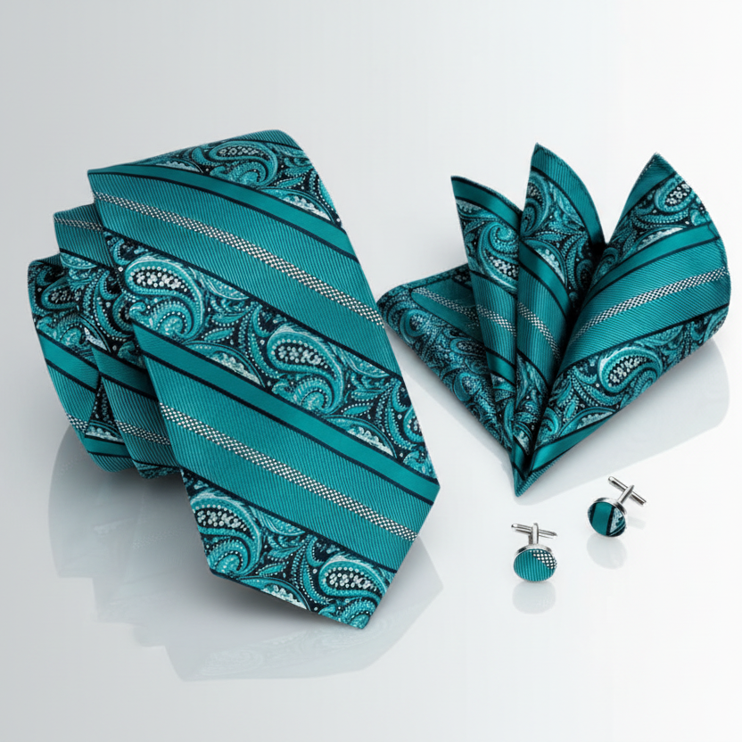 Teal Paisley Stripe Necktie Set