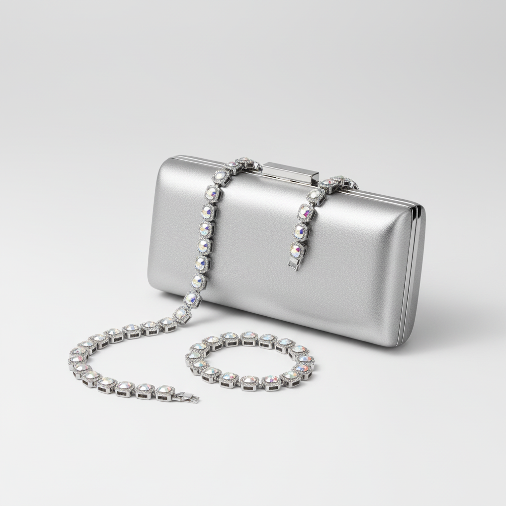 An iridescent rhinestone jewelry set consisting of a necklace and a bracelet with a metallic clasp.