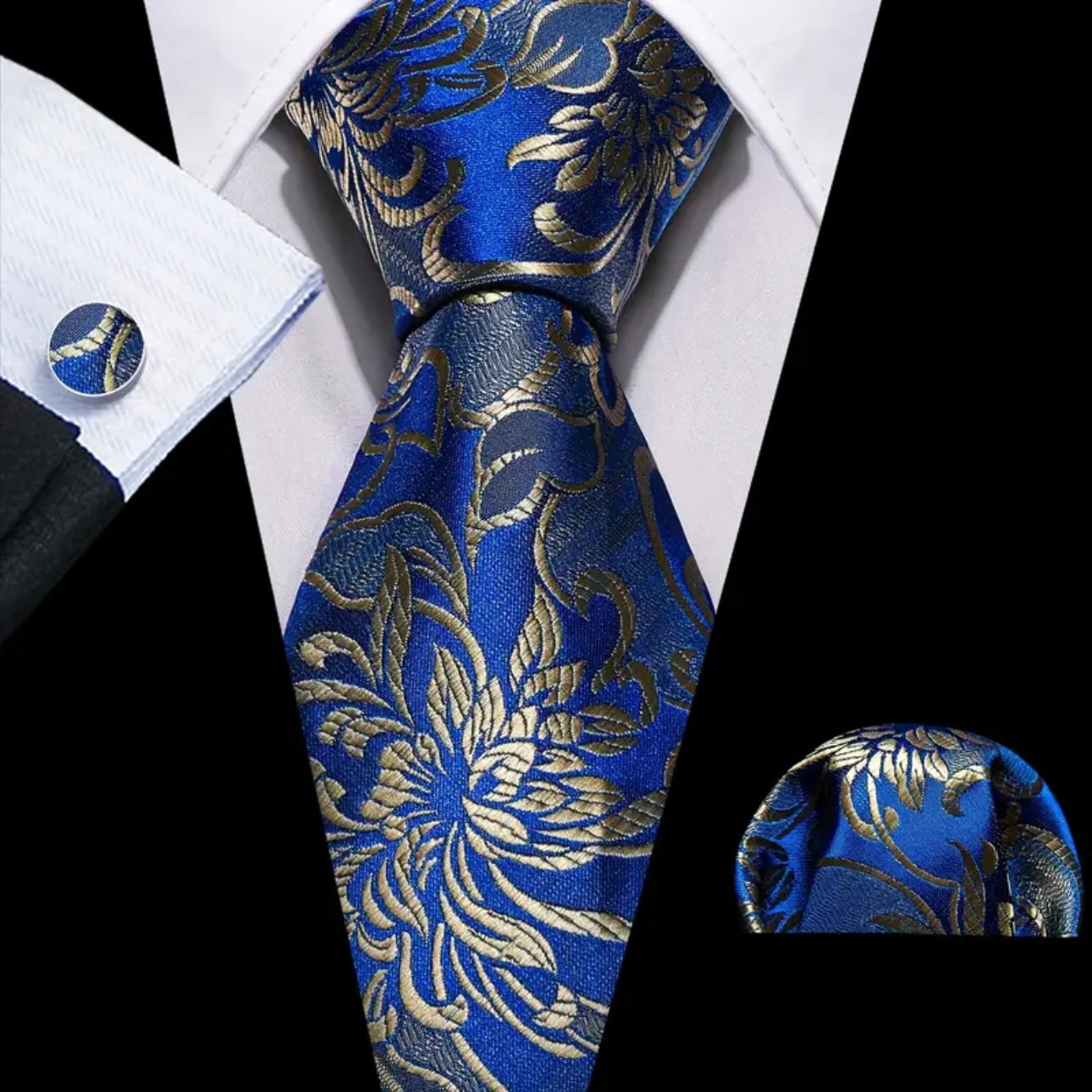 Blue Royal Gold Floral Necktie Set
