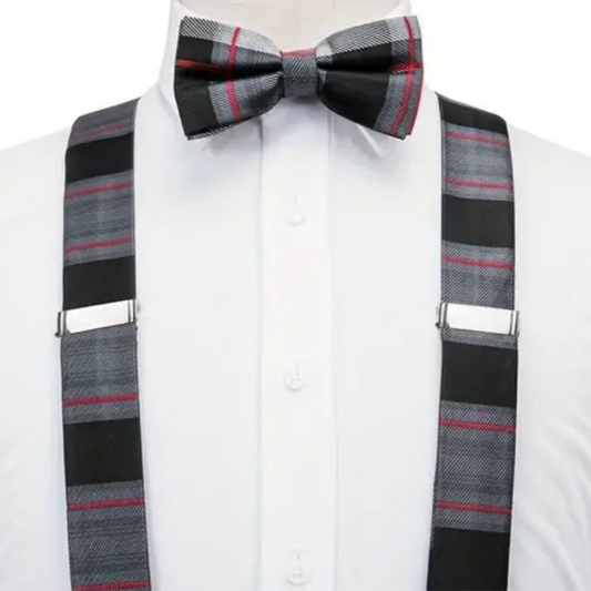 Grey Red Black Suspenders Bowtie Set