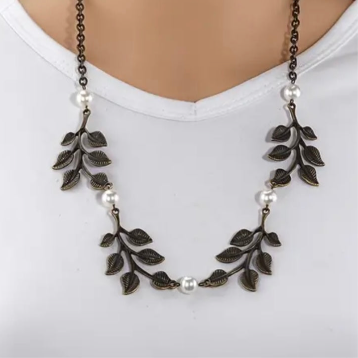 Bronze Pearl Leaf Necklace