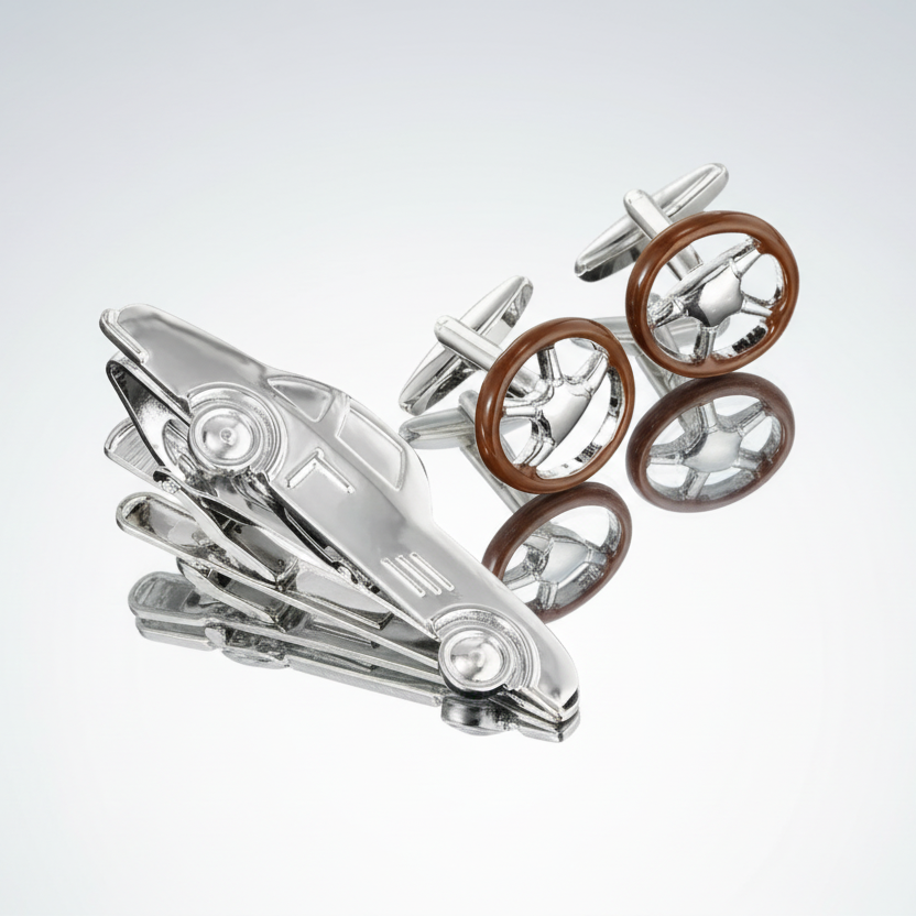 Steering Wheel Cufflinks & Car Tie Clip Set