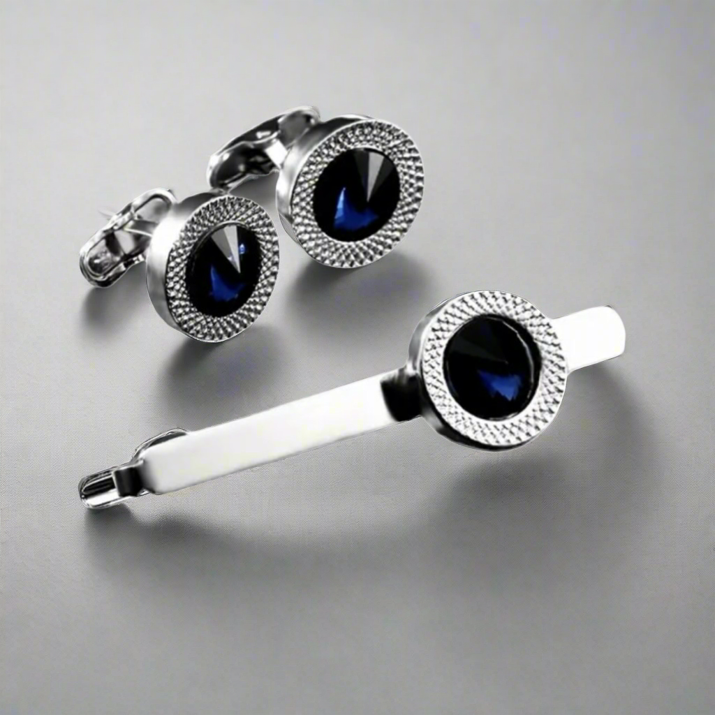 Blue Cufflinks Tie Clip Set