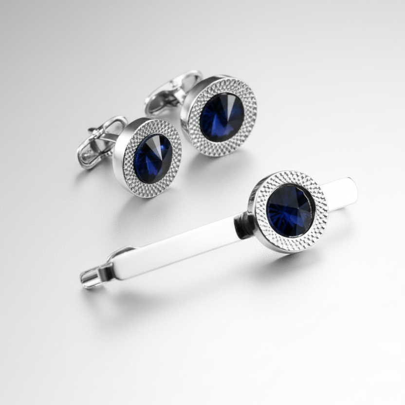 Blue Cufflinks Tie Clip Set