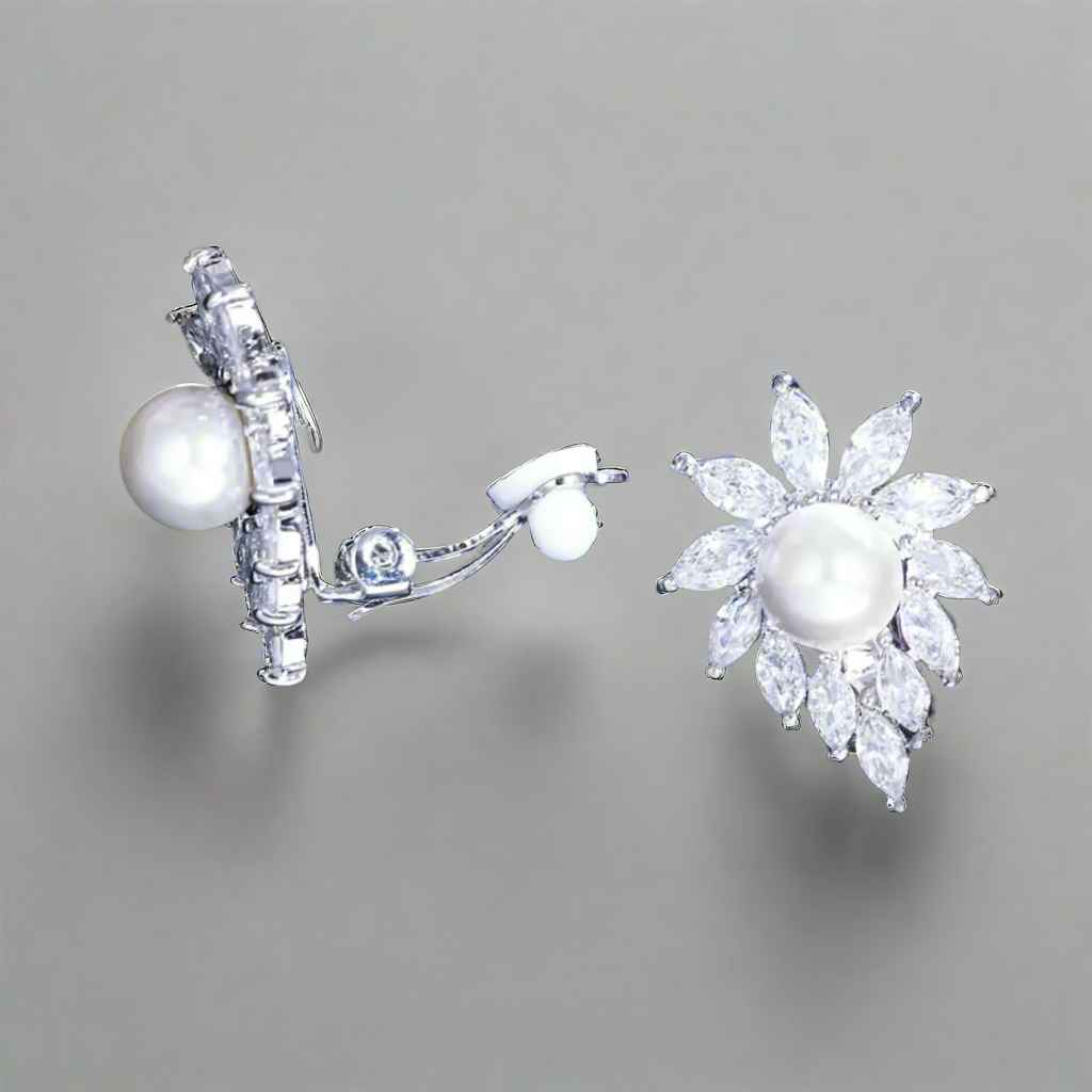 Pearl Rhinestone Clip Earrings