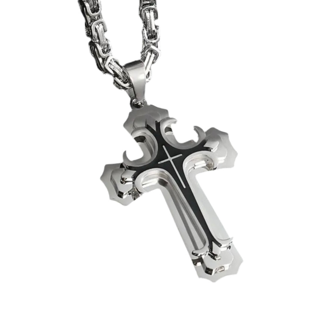 Silver Black Cross Steel Necklace