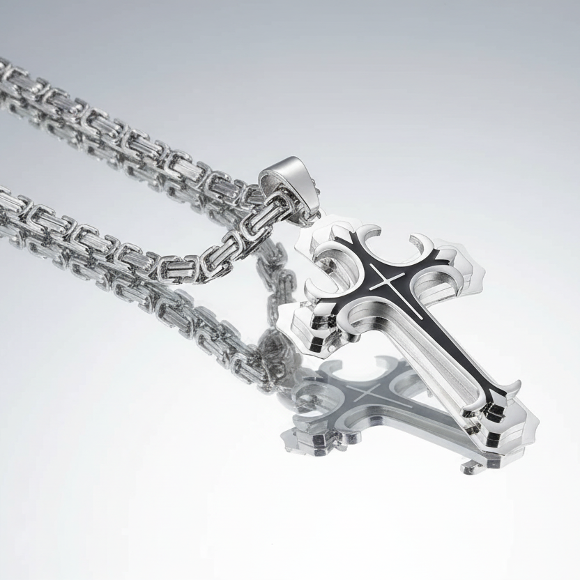 Silver Black Cross Steel Necklace
