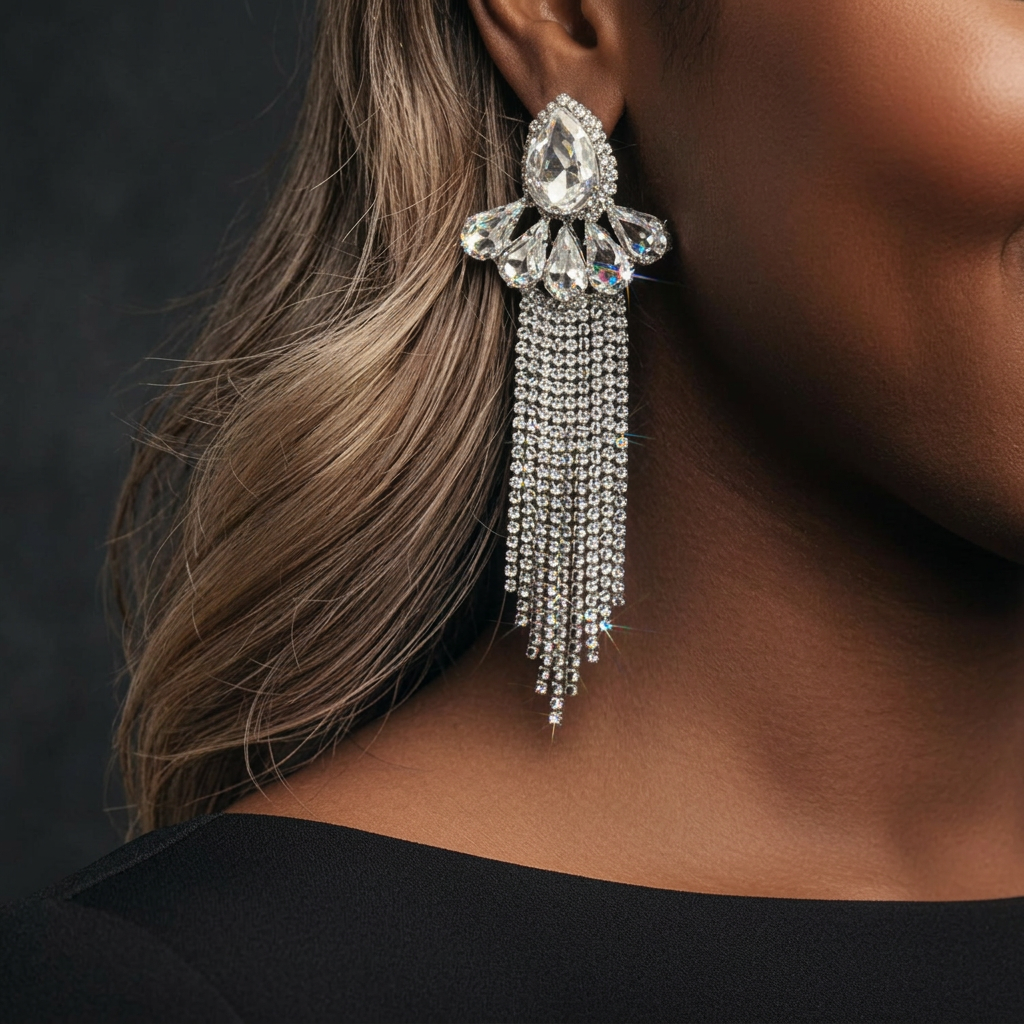 A close-up of a woman wearing a large, dangling statement earring. The earring features a teardrop-shaped clear crystal top with a fan of smaller clear crystals and multiple cascading chains of rhinestones.