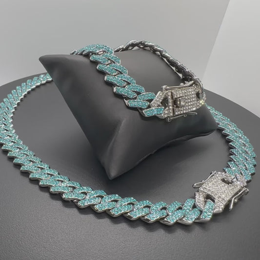 Aqua/Silver Cuban Chain Set